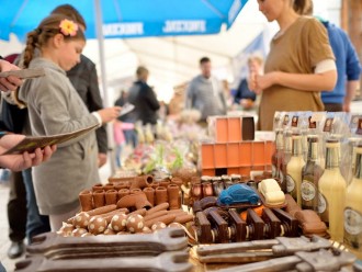 Range of chocolate products on stalls in Linhart Square